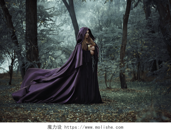 万圣节的巫婆 邪恶的巫婆，在长长的黑斗篷在树林里徘徊